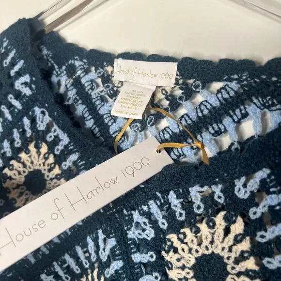 House of Harlow 1960 Crochet Knit Cropped Fringe Pullover Poncho Top O/S - Picture 2 of 7